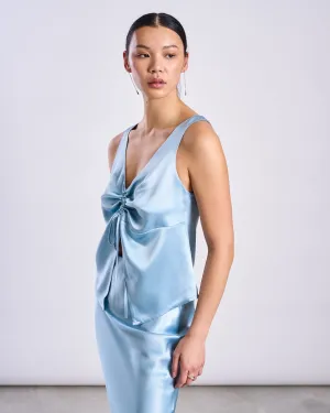 RUFFLED V-NECK TOP TALARA RETRO BLUE