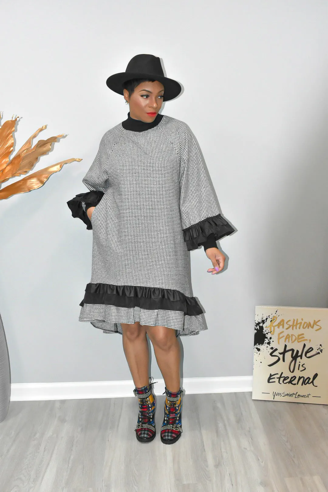 Ruffled with Plaid Dress with Pockets