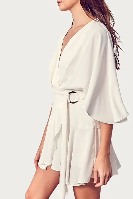 RUFFLED WOVEN WRAP MINI DRESS