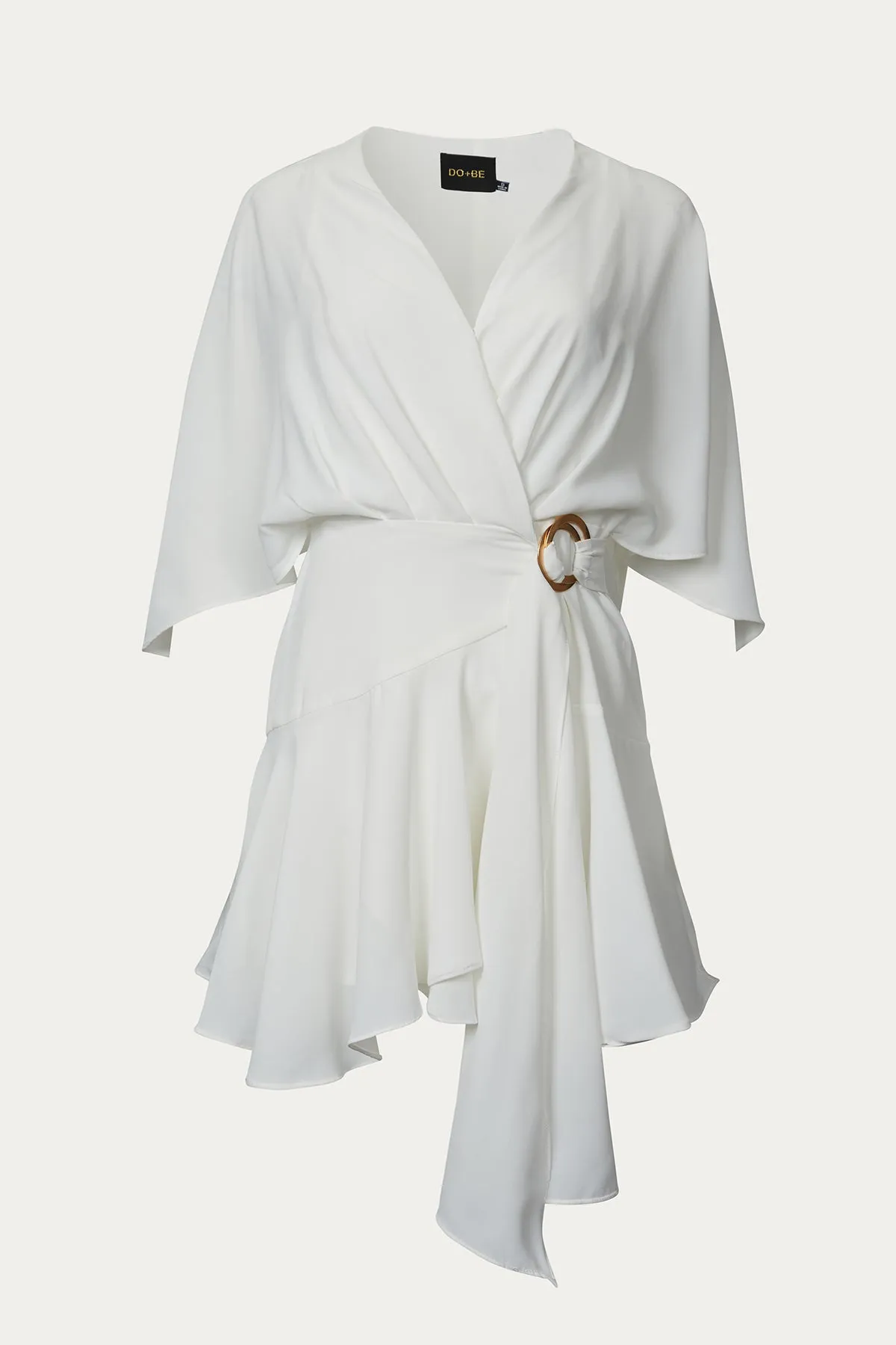RUFFLED WOVEN WRAP MINI DRESS