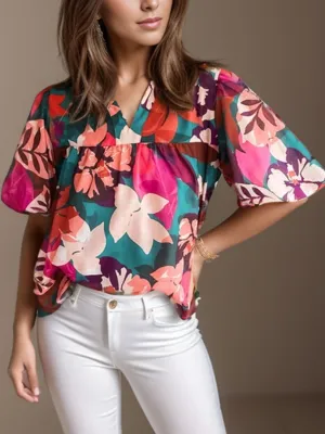 Ryle Printed Notched Puff Sleeve Blouse