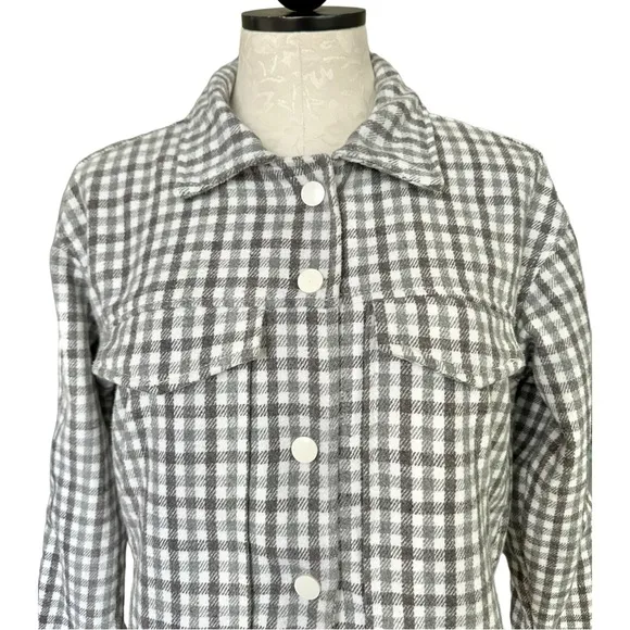 Sadie &amp; Sage Flannel Check Crop Jacket Boxy Gray &amp; Cream Snap Front Size Small