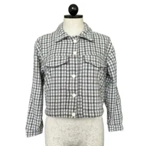 Sadie &amp; Sage Flannel Check Crop Jacket Boxy Gray &amp; Cream Snap Front Size Small