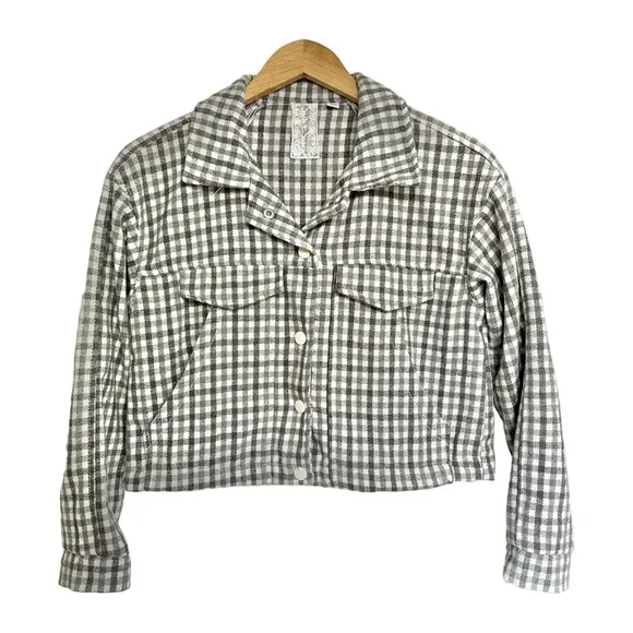 Sadie &amp; Sage Flannel Check Crop Jacket Boxy Gray &amp; Cream Snap Front Size Small
