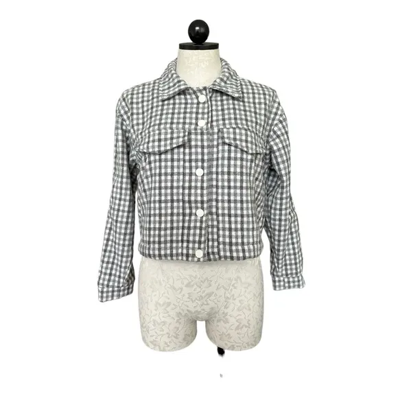 Sadie &amp; Sage Flannel Check Crop Jacket Boxy Gray &amp; Cream Snap Front Size Small