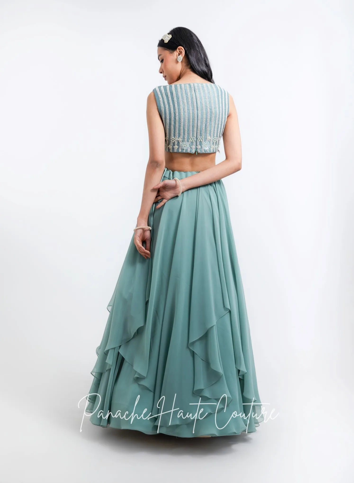 Sage Green Color Tiered Skirt with Crop Top