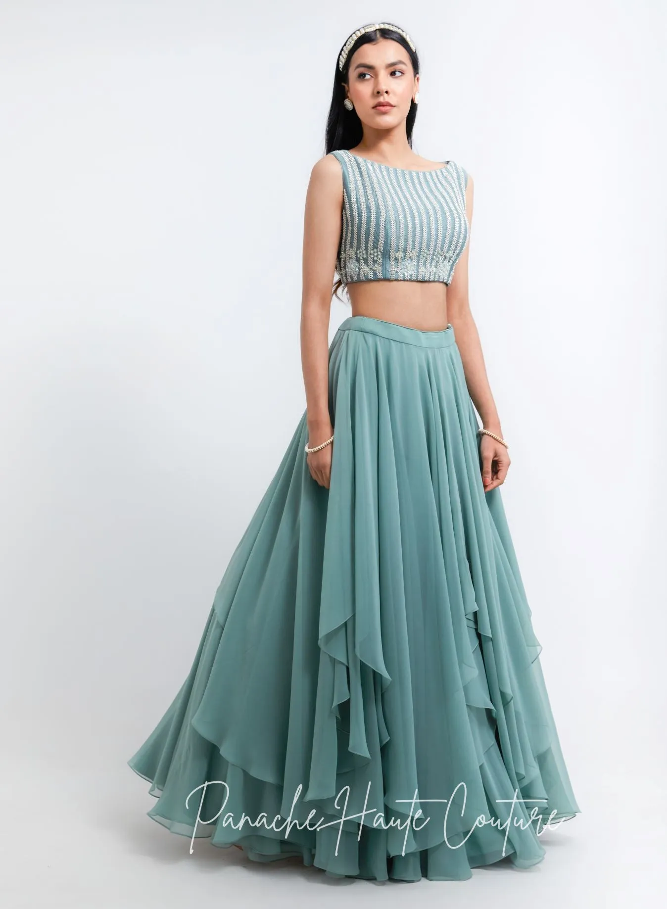 Sage Green Color Tiered Skirt with Crop Top