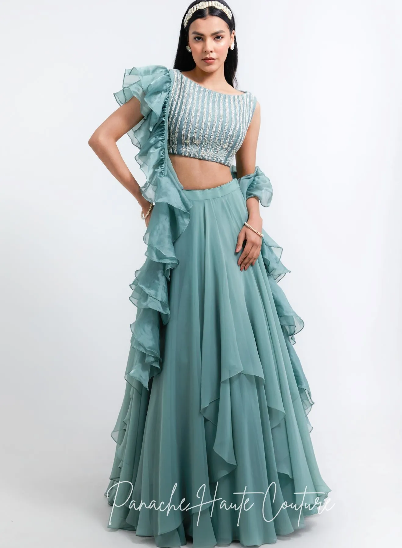 Sage Green Color Tiered Skirt with Crop Top
