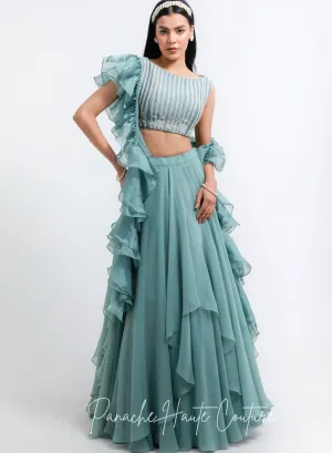 Sage Green Color Tiered Skirt with Crop Top
