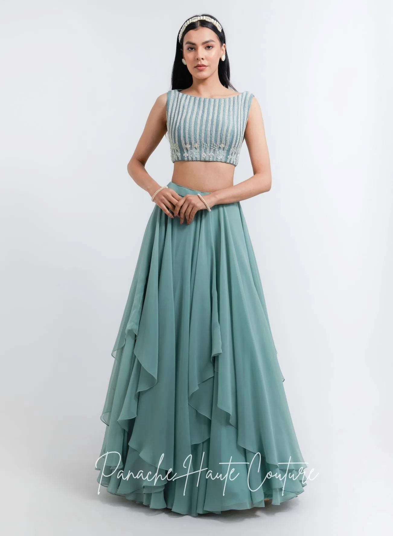 Sage Green Color Tiered Skirt with Crop Top