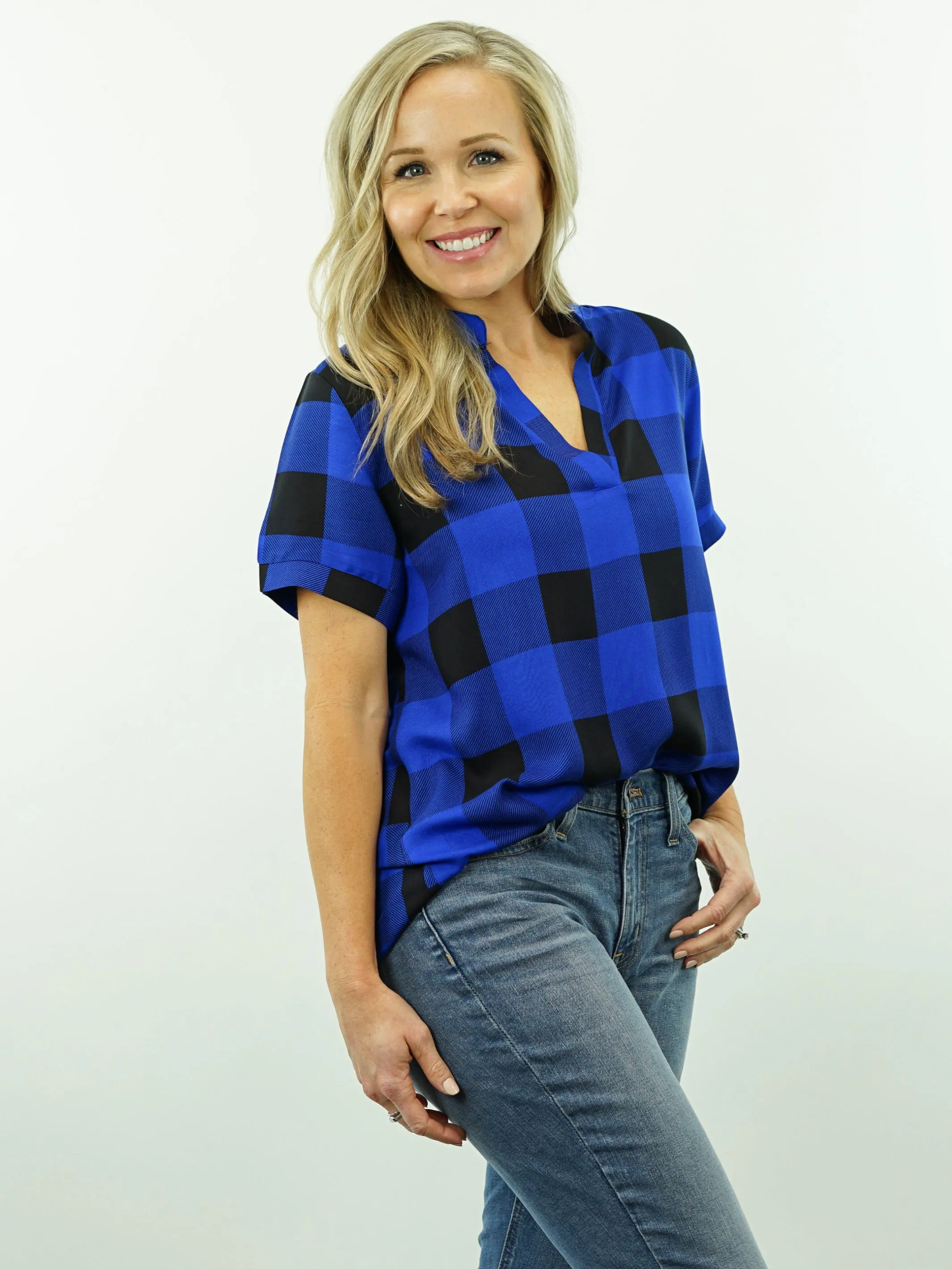 Scout - Blue Plaid, V-Neck, Top