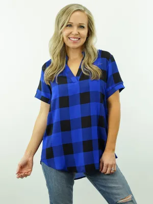 Scout - Blue Plaid, V-Neck, Top
