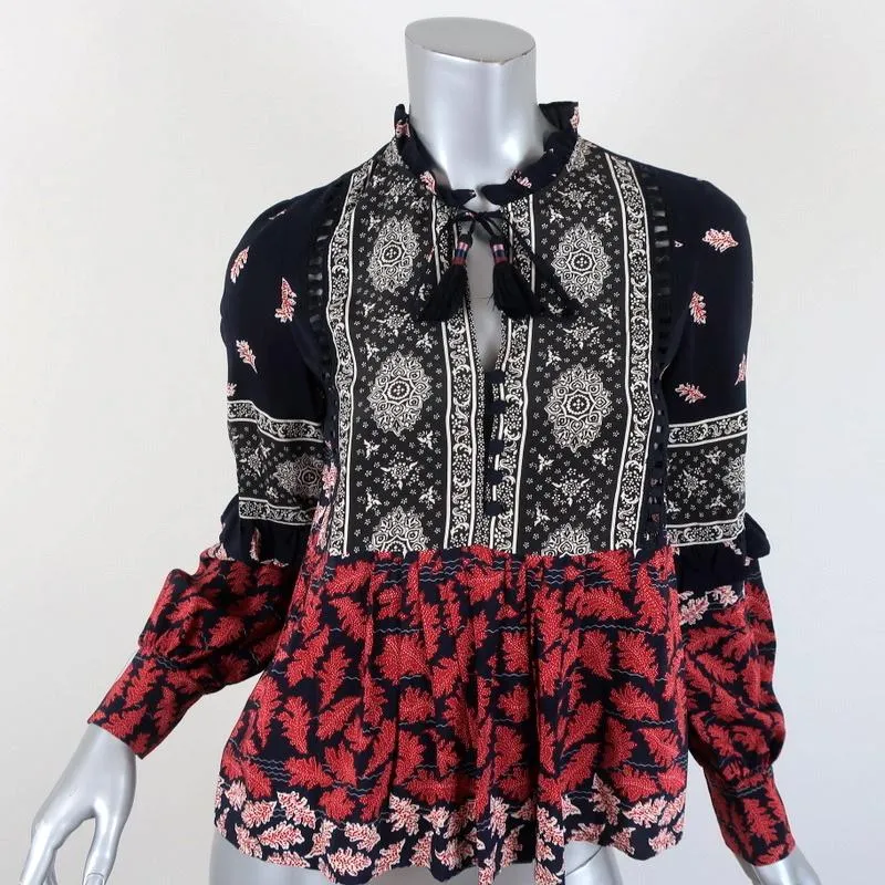 SEA Blouse Eloise Navy/Red Ruffled Printed Silk Size 0 Long Sleeve Tassel Top