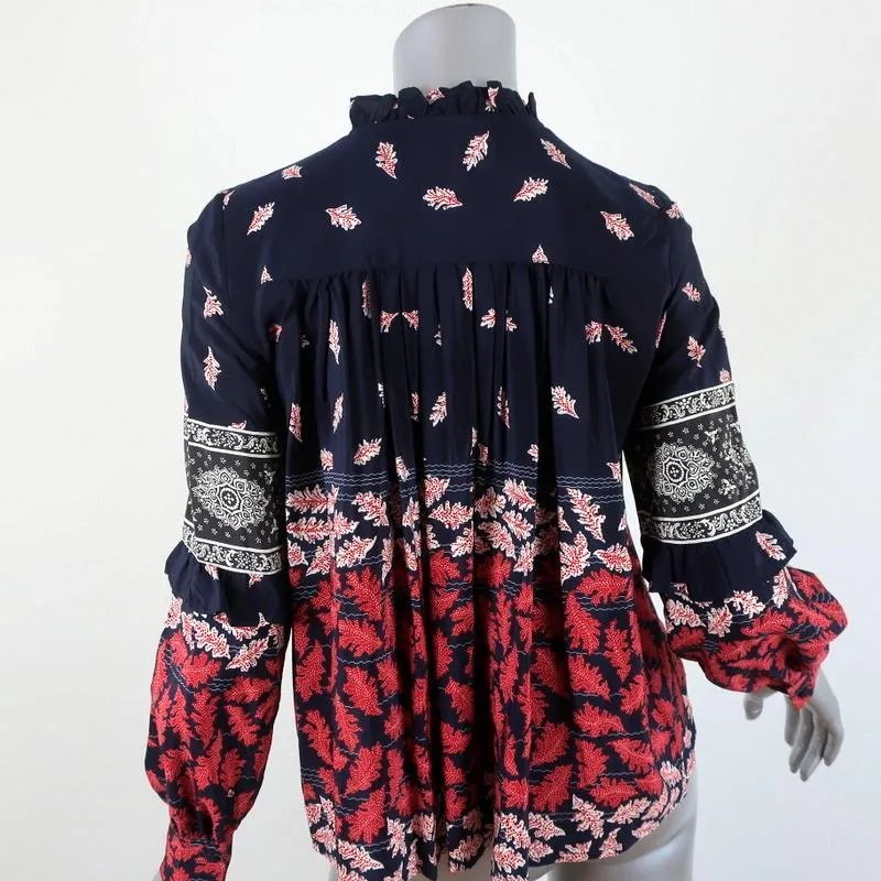 SEA Blouse Eloise Navy/Red Ruffled Printed Silk Size 0 Long Sleeve Tassel Top