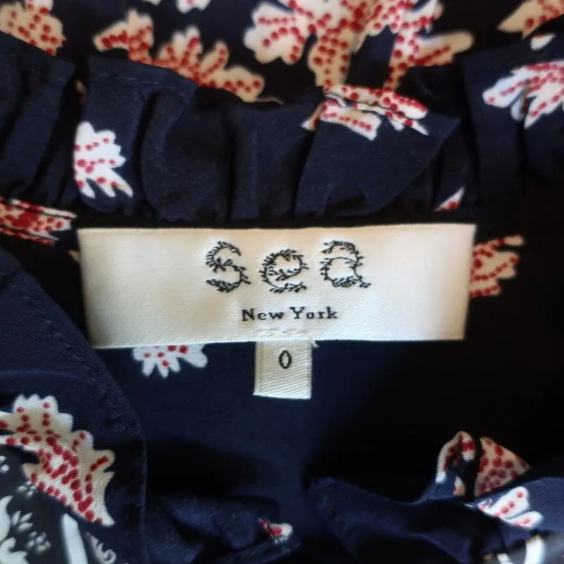 SEA Blouse Eloise Navy/Red Ruffled Printed Silk Size 0 Long Sleeve Tassel Top