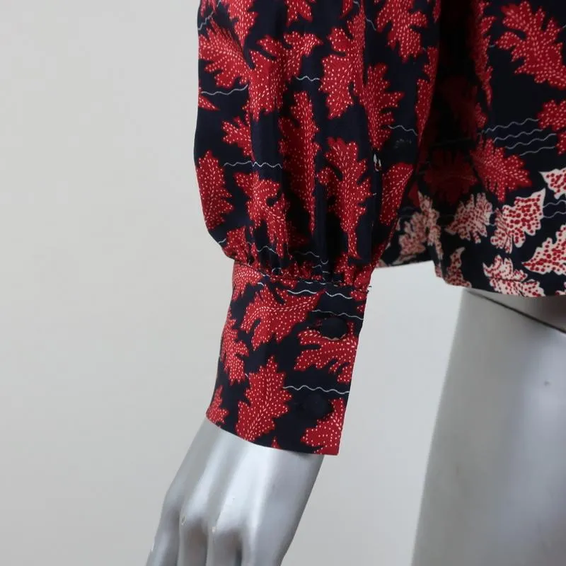 SEA Blouse Eloise Navy/Red Ruffled Printed Silk Size 0 Long Sleeve Tassel Top