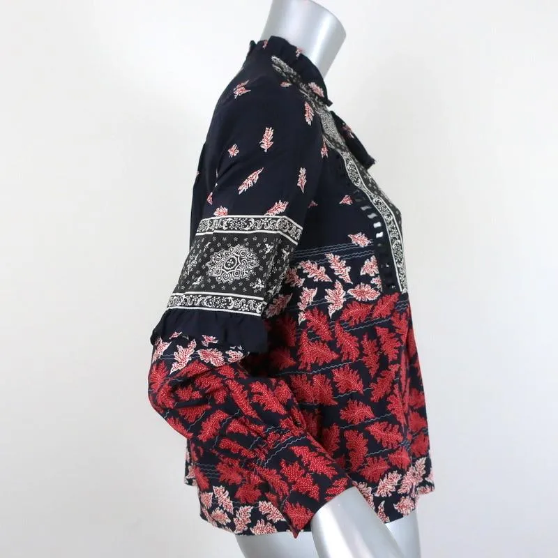 SEA Blouse Eloise Navy/Red Ruffled Printed Silk Size 0 Long Sleeve Tassel Top