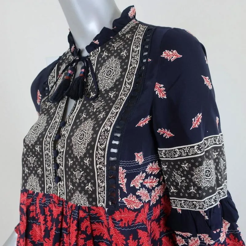 SEA Blouse Eloise Navy/Red Ruffled Printed Silk Size 0 Long Sleeve Tassel Top