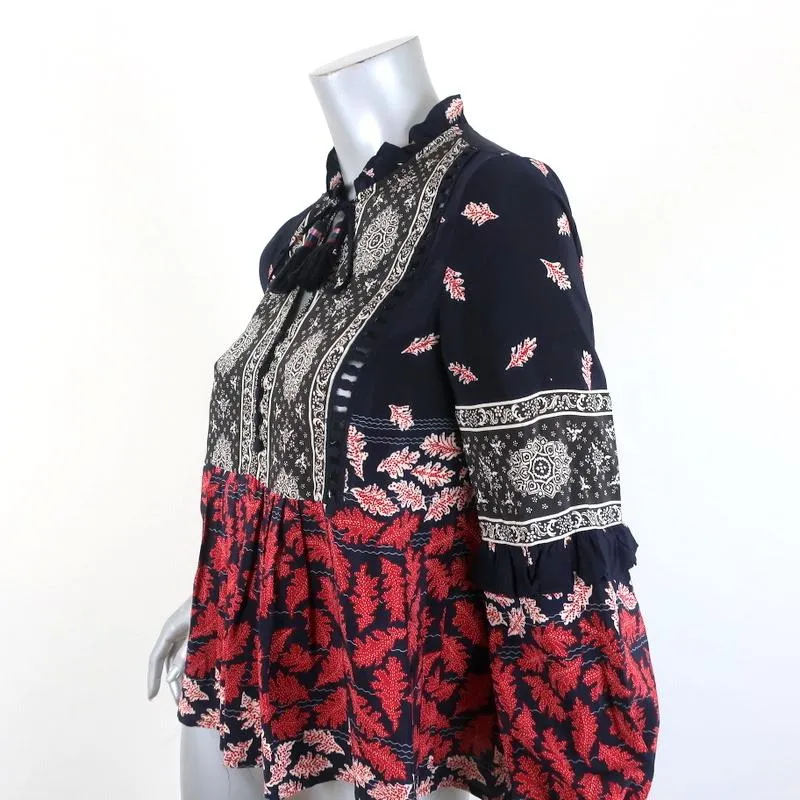 SEA Blouse Eloise Navy/Red Ruffled Printed Silk Size 0 Long Sleeve Tassel Top