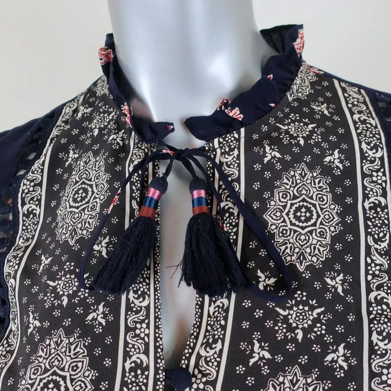 SEA Blouse Eloise Navy/Red Ruffled Printed Silk Size 0 Long Sleeve Tassel Top