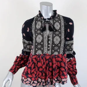 SEA Blouse Eloise Navy/Red Ruffled Printed Silk Size 0 Long Sleeve Tassel Top