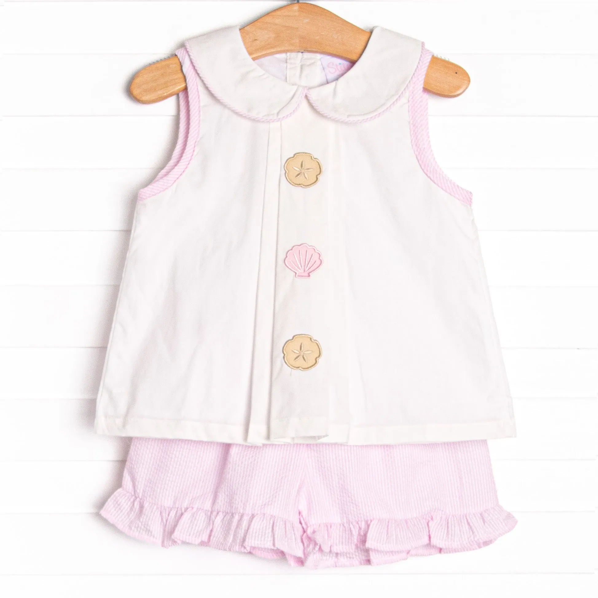 Seashell Search Applique Ruffle Short Set, Pink