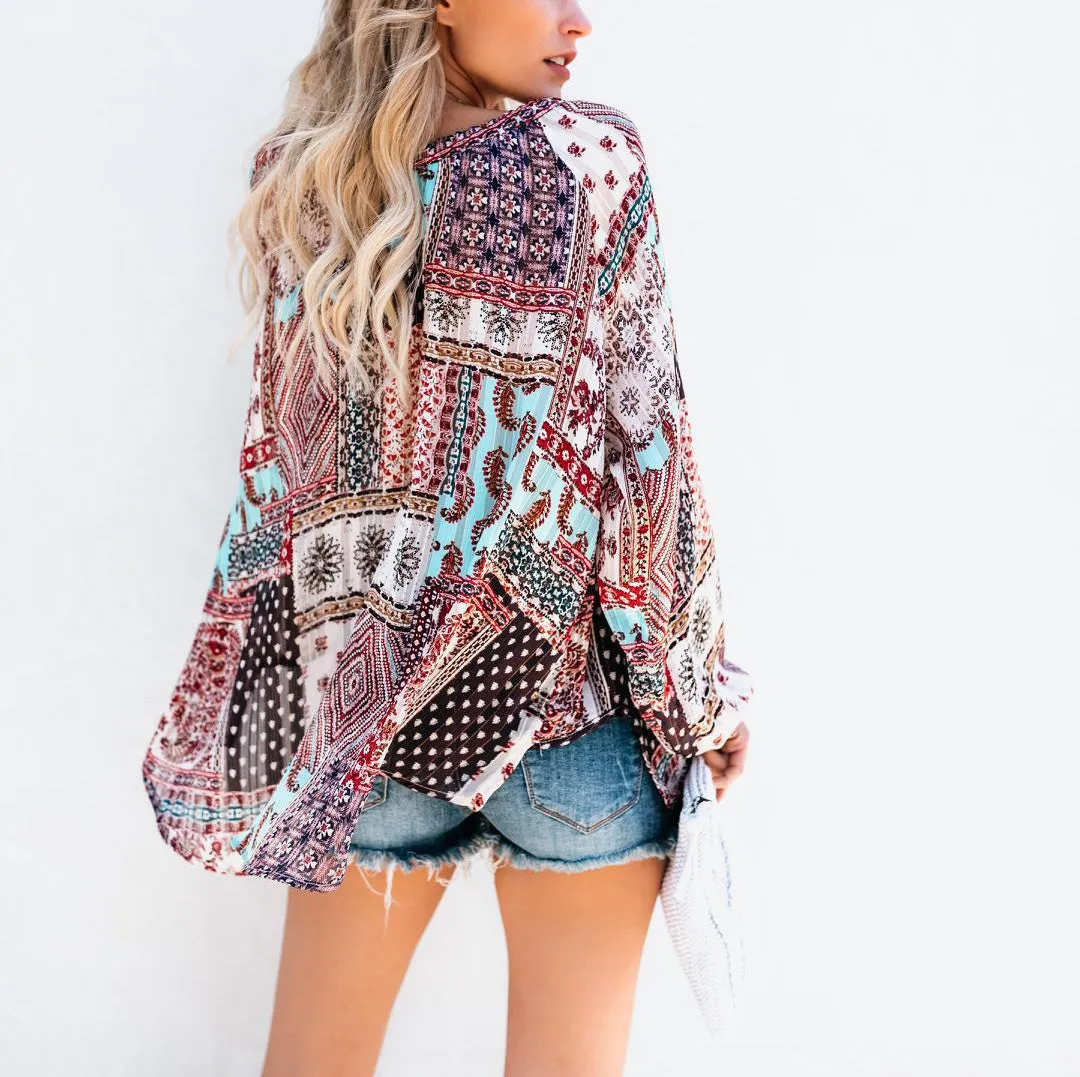 Sexy Deep V Ethnic Style Printed Loose Chiffon Top T-shirt