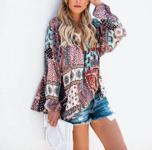 Sexy Deep V Ethnic Style Printed Loose Chiffon Top T-shirt