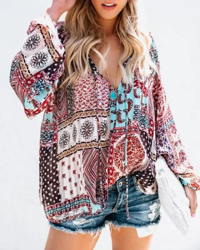 Sexy Deep V Ethnic Style Printed Loose Chiffon Top T-shirt