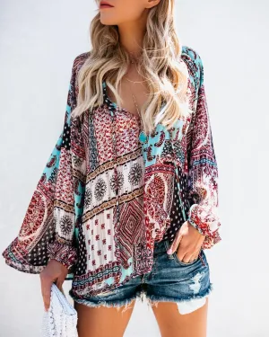 Sexy Deep V Ethnic Style Printed Loose Chiffon Top T-shirt