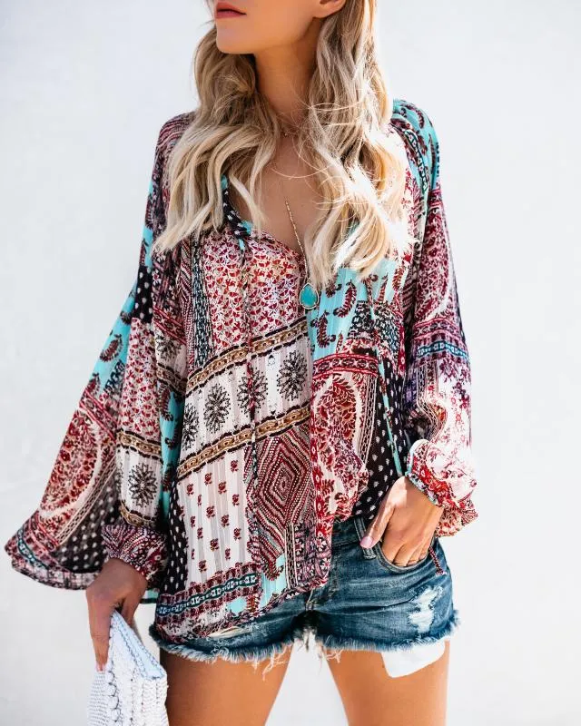 Sexy Deep V Ethnic Style Printed Loose Chiffon Top T-shirt