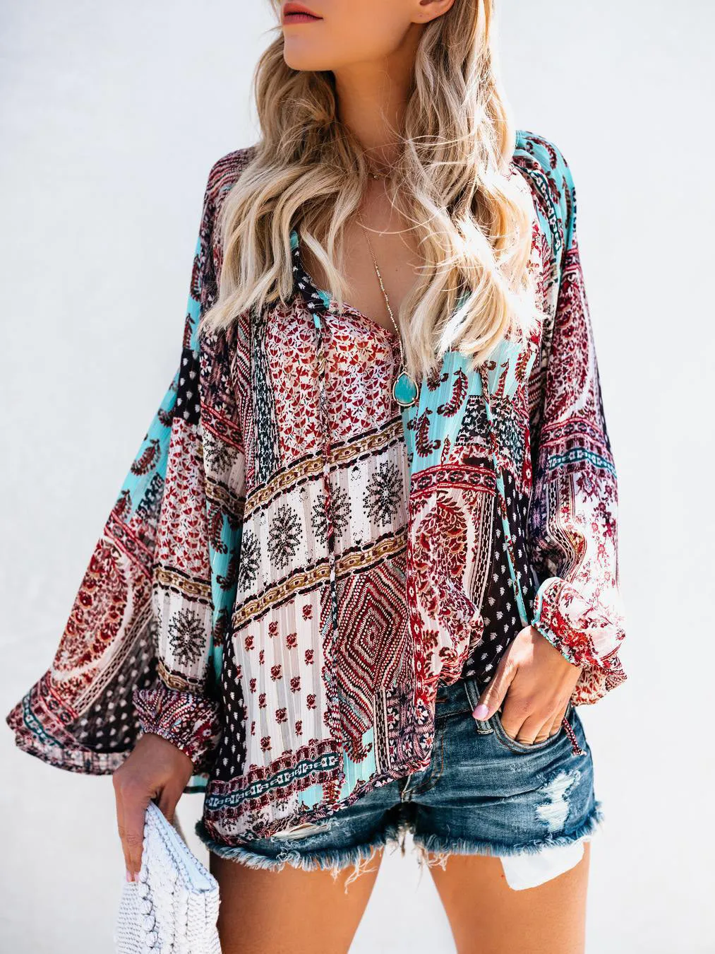 Sexy Deep V Ethnic Style Printed Loose Chiffon Top T-shirt