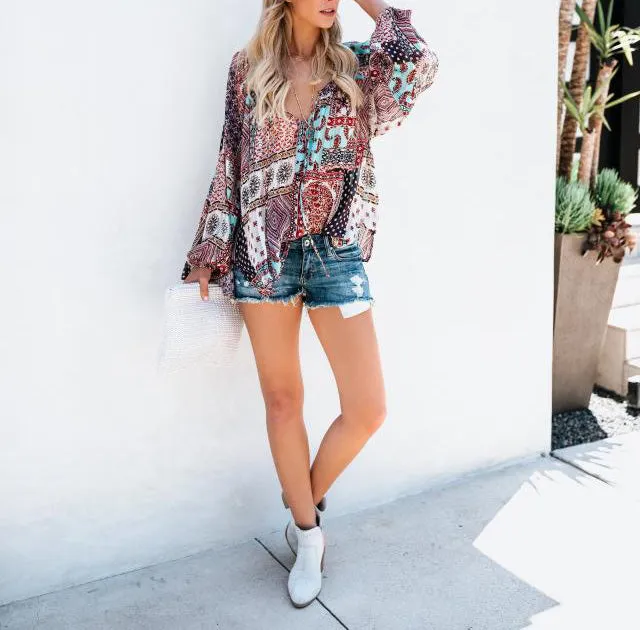Sexy Deep V Ethnic Style Printed Loose Chiffon Top T-shirt