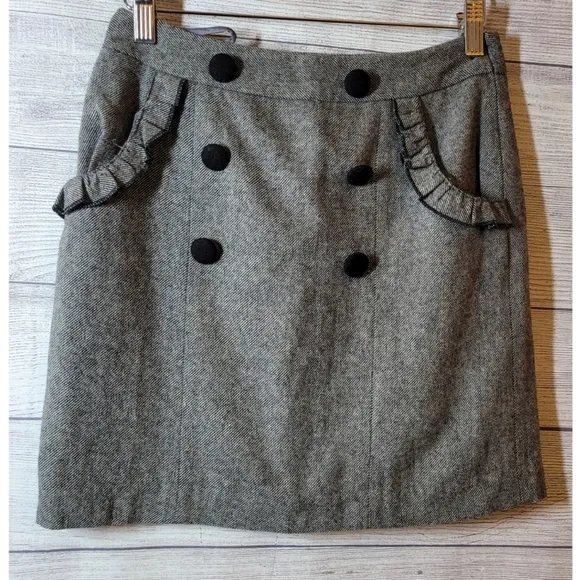 Sharinio Womens Herringbone Mini Skirt Gray Size XS Black Button Detail Ruffles