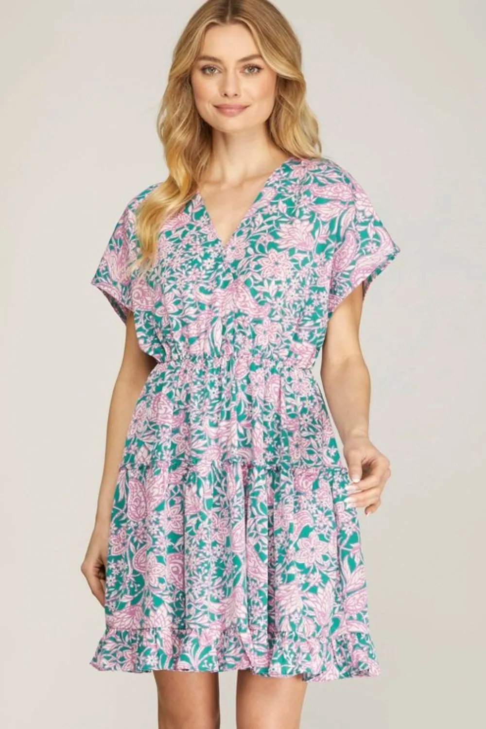 She   Sky Full Size Ruffled Hem Printed Surplice Kimono Sleeve Mini Dress Plus Size