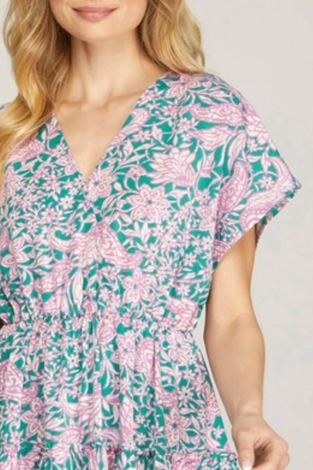 She   Sky Full Size Ruffled Hem Printed Surplice Kimono Sleeve Mini Dress Plus Size