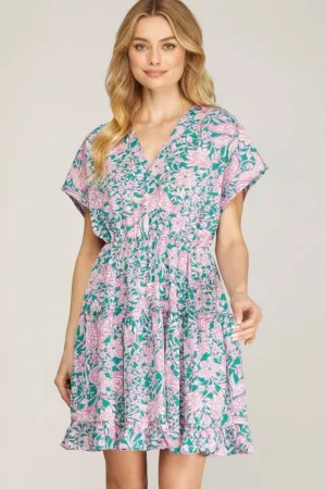 She   Sky Full Size Ruffled Hem Printed Surplice Kimono Sleeve Mini Dress Plus Size