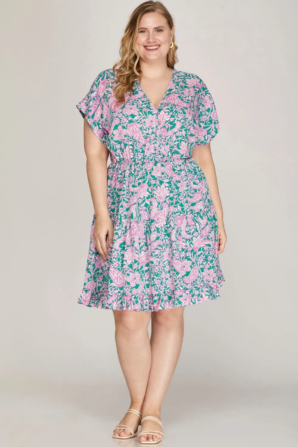She   Sky Full Size Ruffled Hem Printed Surplice Kimono Sleeve Mini Dress Plus Size