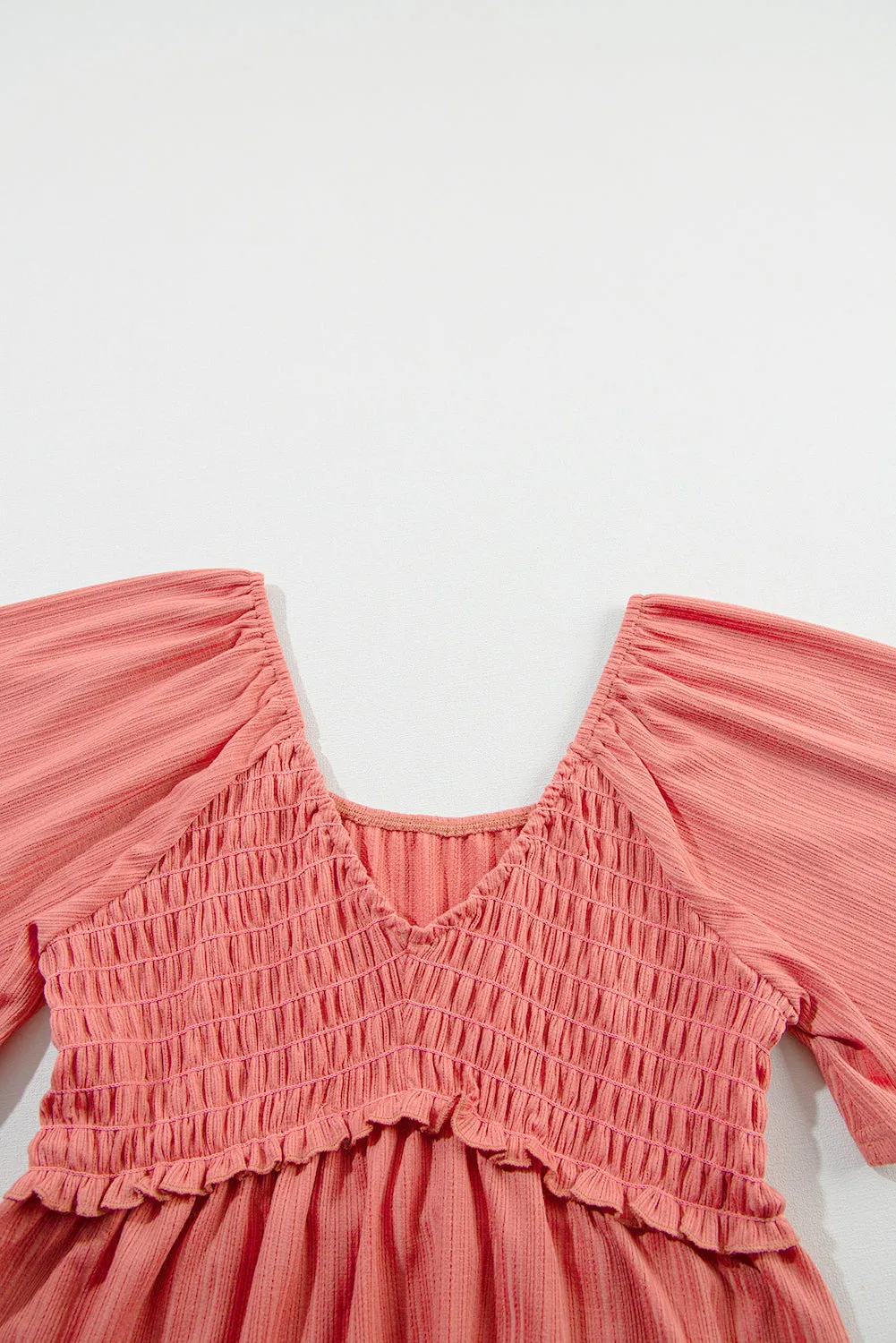 Shirred V Neck Short Flutter Sleeve Textured Blouse