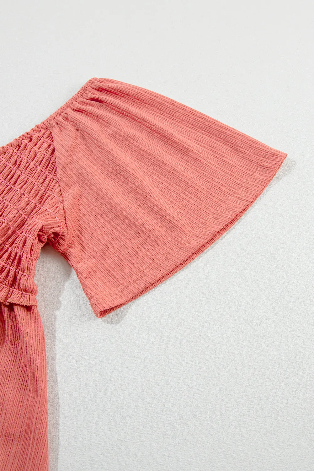 Shirred V Neck Short Flutter Sleeve Textured Blouse