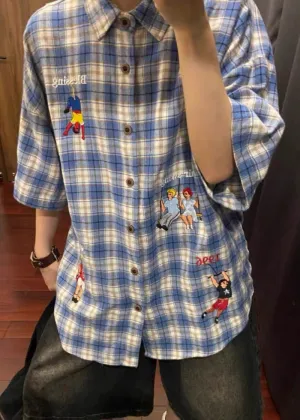 Shirts Cotton Plaid Print Half Button Classy Blue Men's Sleeve