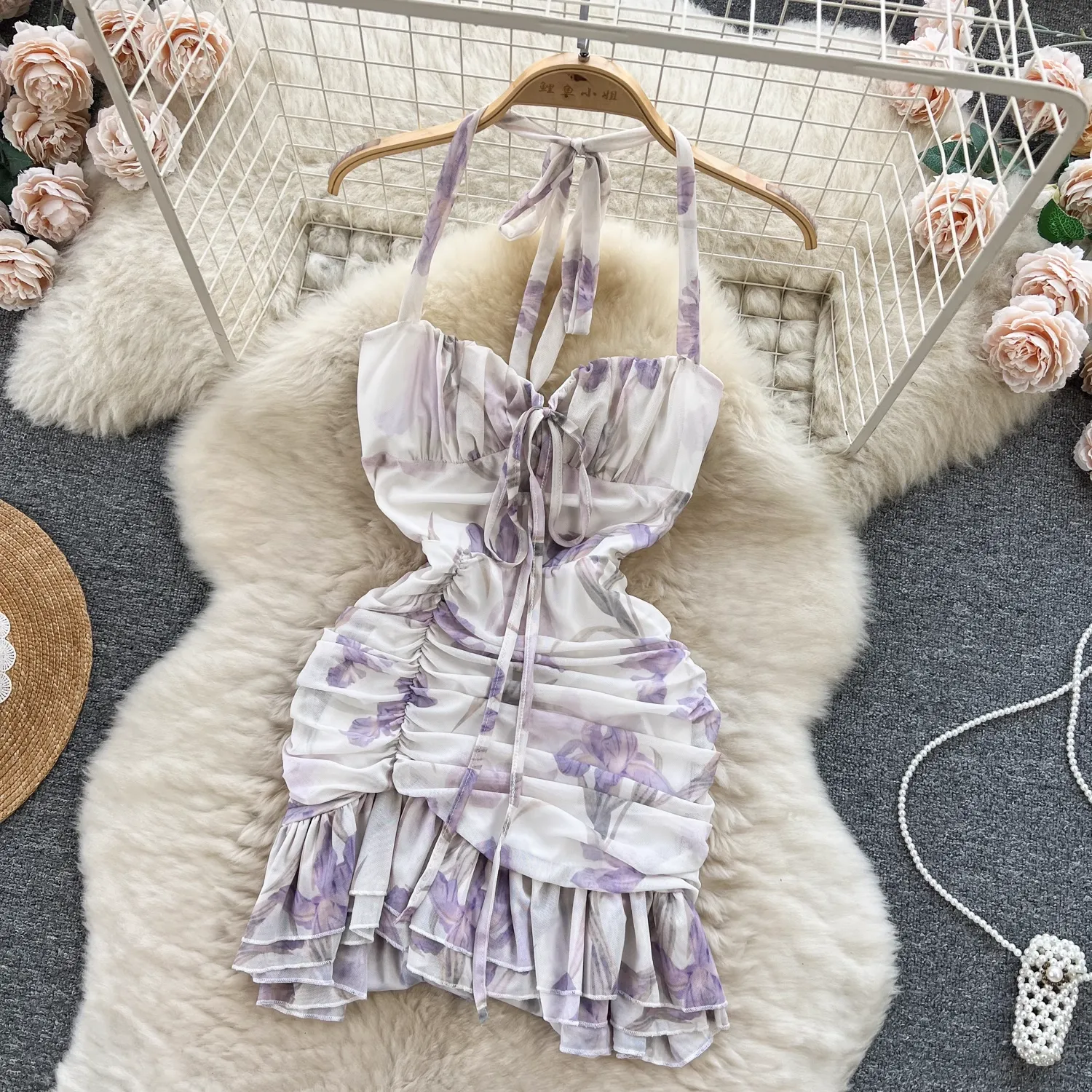 Short irregular printed ruffled chiffon holiday dress