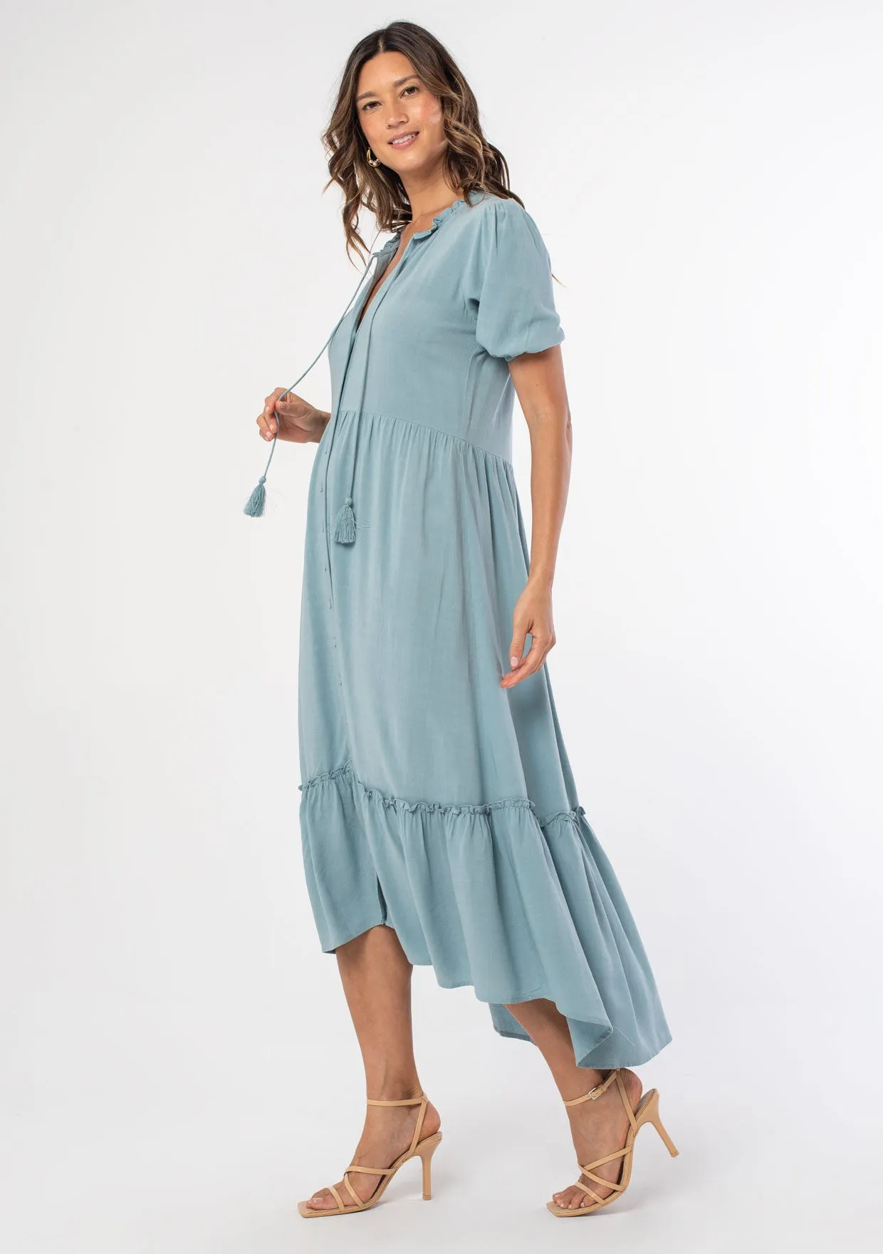 Short Puff Sleeve Button Front Midi Dress