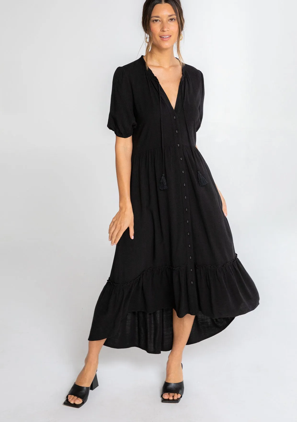 Short Puff Sleeve Button Front Midi Dress