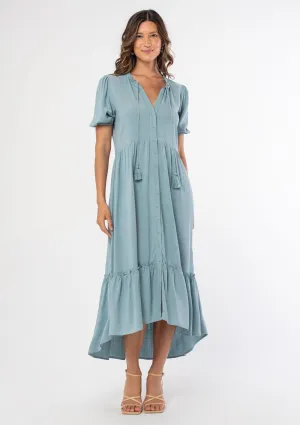 Short Puff Sleeve Button Front Midi Dress