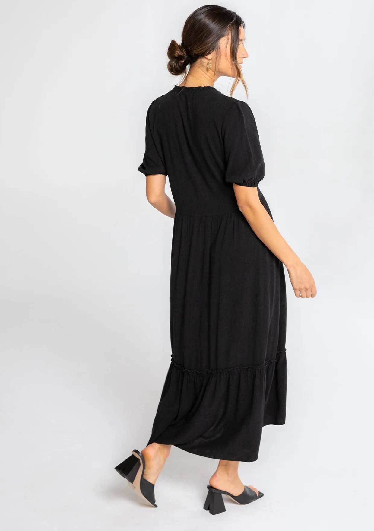 Short Puff Sleeve Button Front Midi Dress