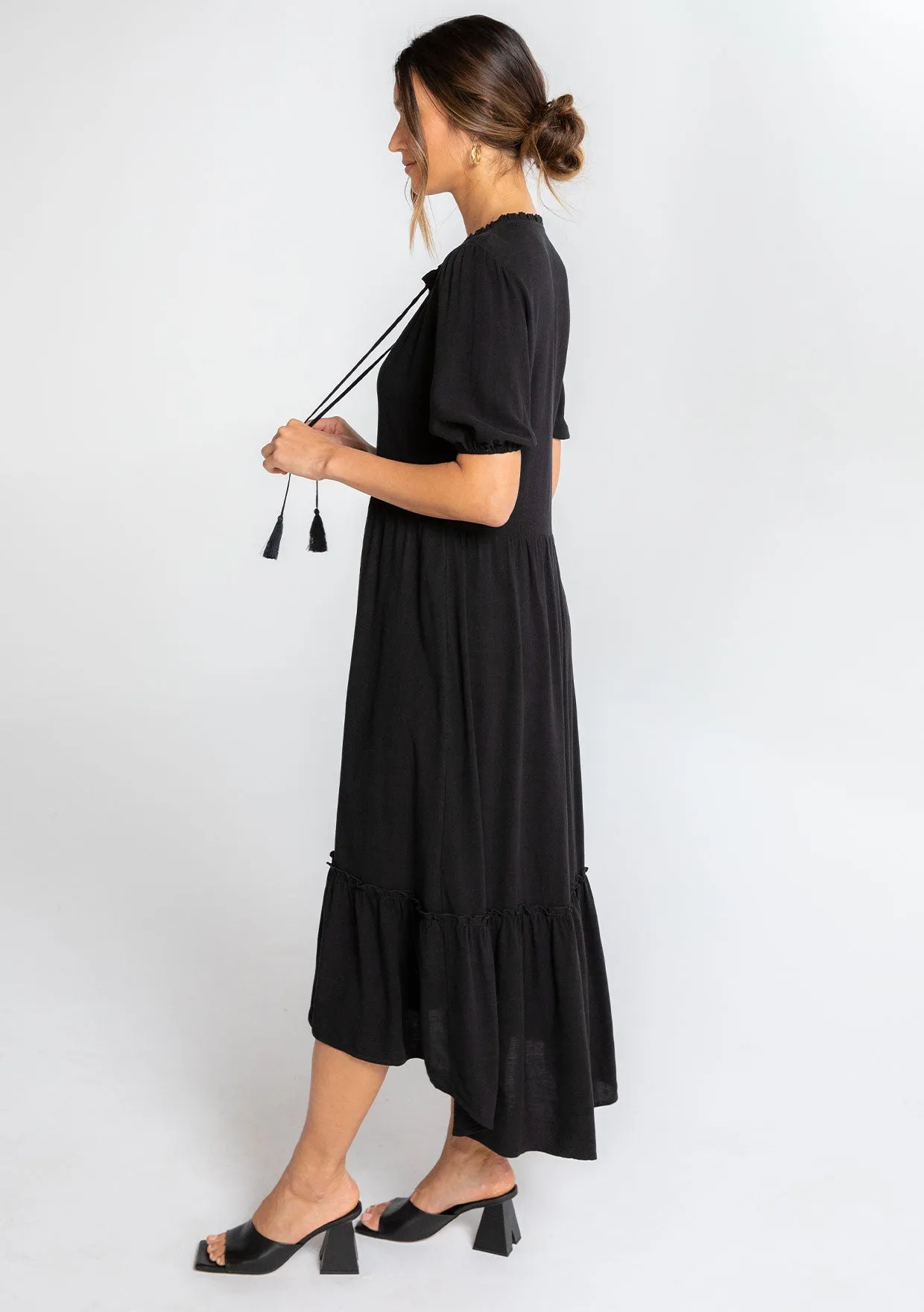 Short Puff Sleeve Button Front Midi Dress