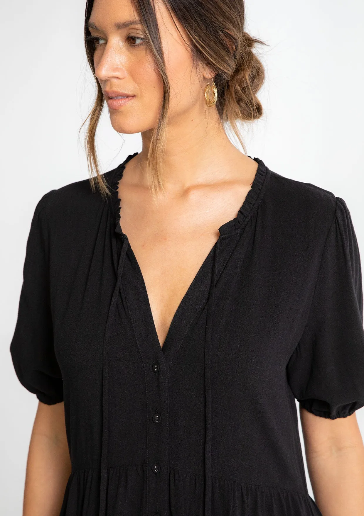 Short Puff Sleeve Button Front Midi Dress