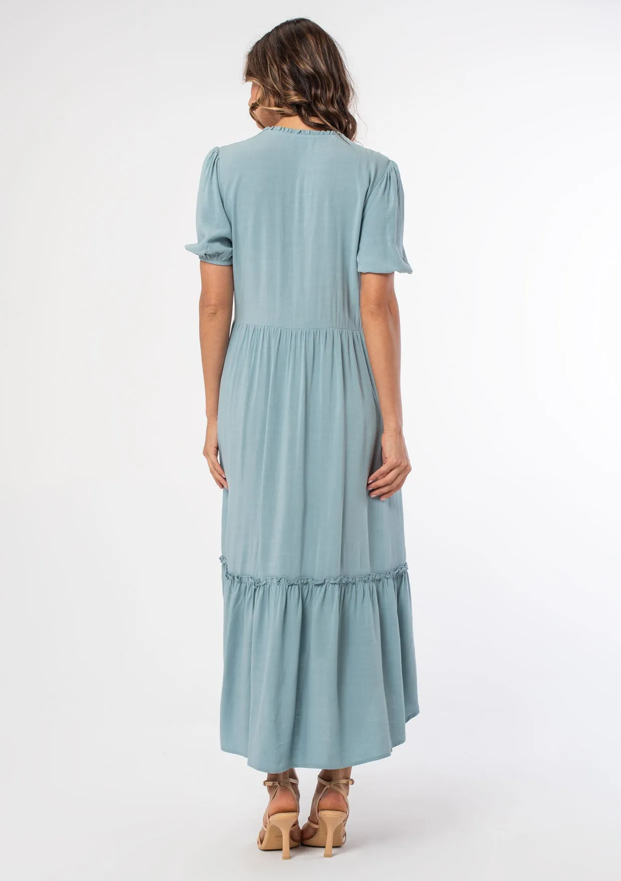 Short Puff Sleeve Button Front Midi Dress