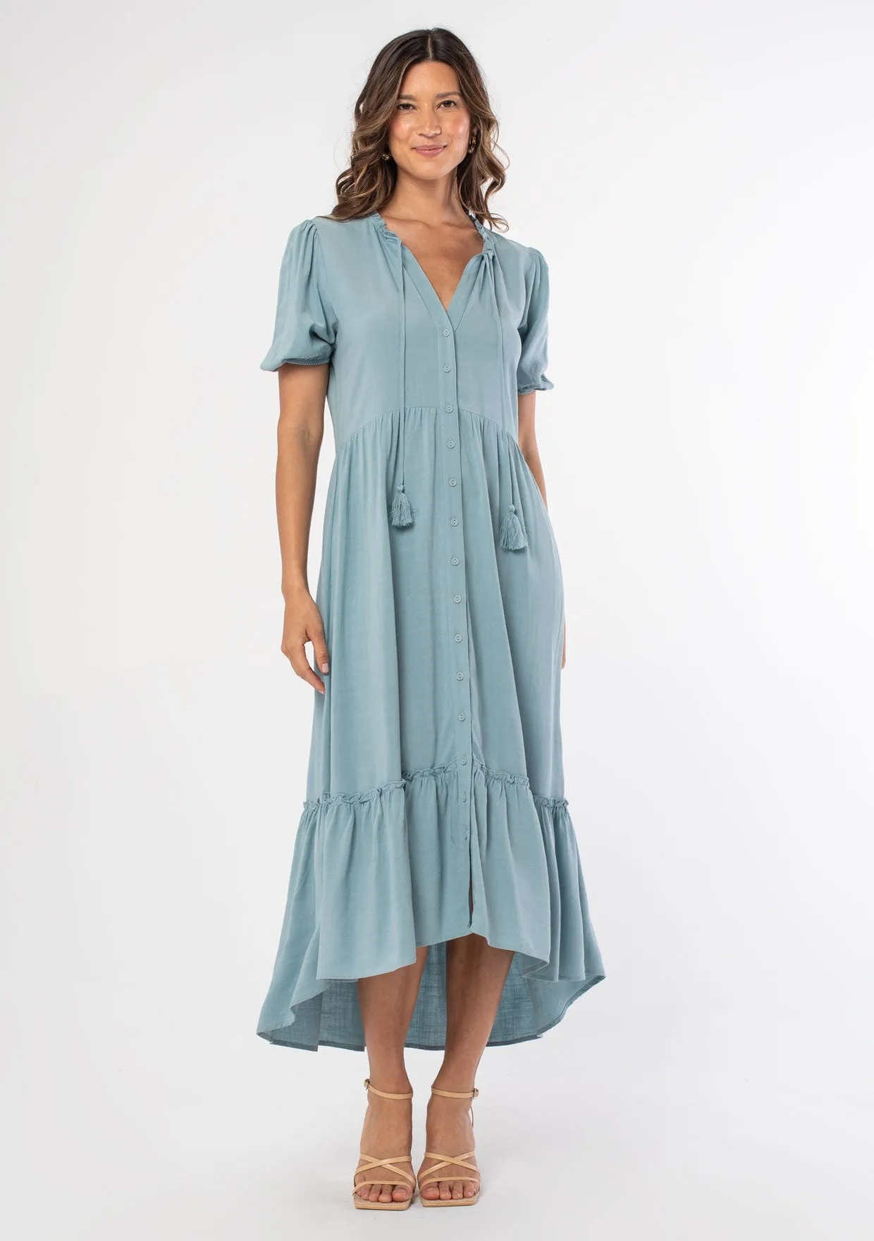 Short Puff Sleeve Button Front Midi Dress